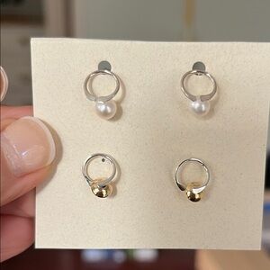 Set of Two Sterling Silver Gold and Pearl Post Earrings